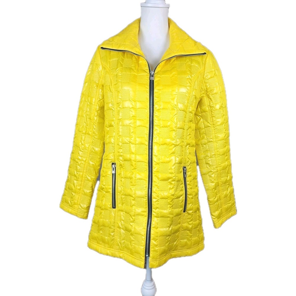 UBU Puffer Jacket Coat Women Small Bright Yellow Quilted Grid Stitch Zip Outdoor